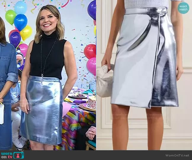 Victoria Beckham Wrap-Effect Metallic Scuba Skirt worn by Savannah Guthrie on Today