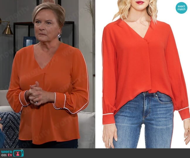 Vince Camuto Contrast Piping Blouse worn by Carolyn Webber (Denise Crosby) on General Hospital