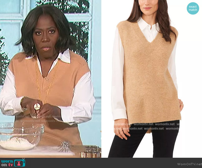 Vince Camuto Shaker Vest V-Neck with High Low Hem Sweater worn by Sheryl Underwood on The Talk