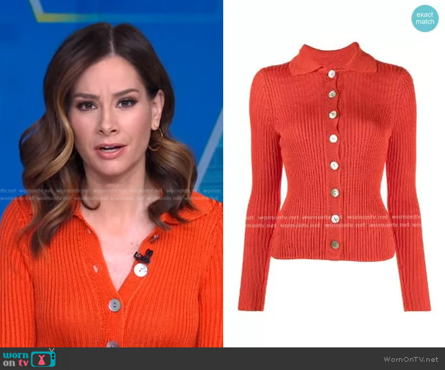 Vince Ribbed Collar Cardigan Sweater worn by Rebecca Jarvis on Good Morning America