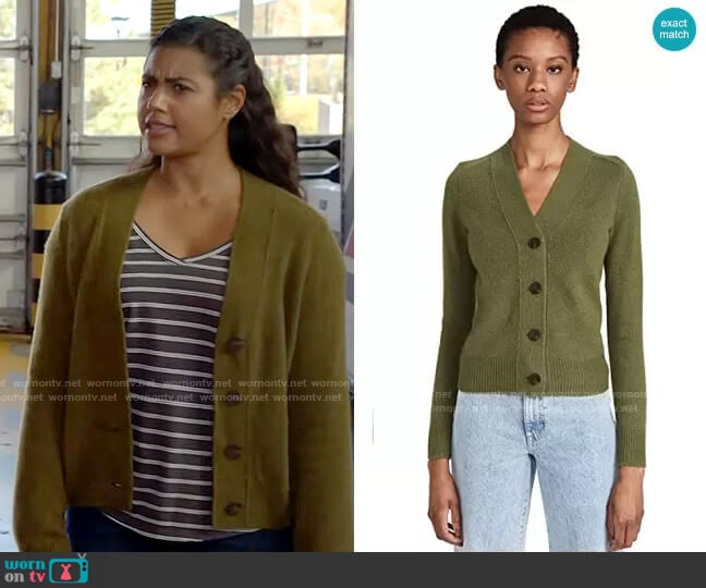 Vince Shrunken Button Cashmere Cardigan in Erba worn by Kylie Estevez (Katelynn Shennett) on Chicago Fire