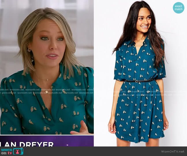 Yumi at ASOS Belted Dress in Silver Twin Owl Print worn by Dylan Dreyer on Today