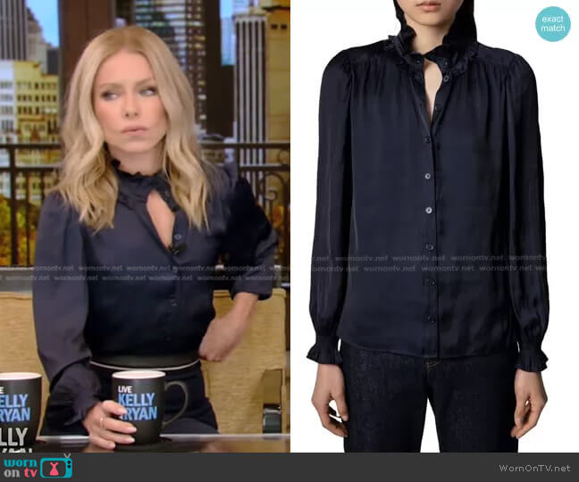 Zadig & Voltaire Tacca Satin Ruffle Button-Up Blouse worn by Kelly Ripa on Live with Kelly and Ryan