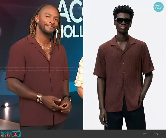 Zara Wrinkled Look Shirt in Maroon worn by Scott Evans on Access Hollywood