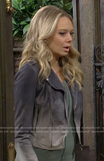 Abby's faded leather moto jacket on The Young and the Restless