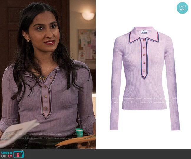 Acne Studios Contrast-trim long-sleeved Polo worn by Bela Malhotra (Amrit Kaur) on The Sex Lives of College Girls