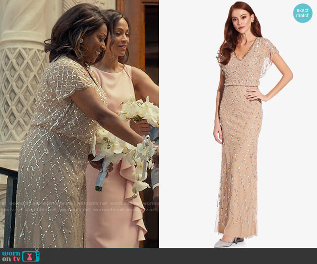 Adrianna Papell Sequin Lattice Dress With Flutter Sleeves In Champagne Silver worn by Lynn (Kellita Smith) on From Scratch