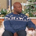 Akbar’s blue fair isle print sweater on The Talk