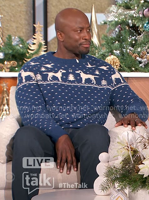 Akbar's blue fair isle print sweater on The Talk