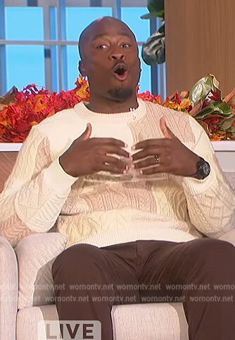 Akbar's patchwork cable knit sweater on The Talk