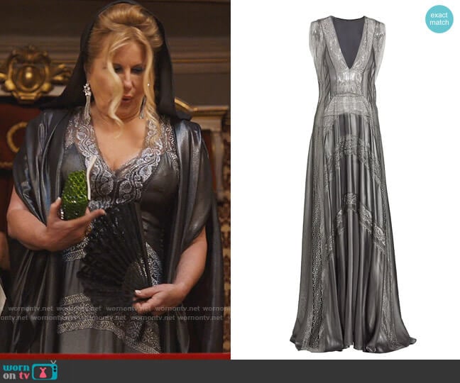 Alberta Ferretti Metallic Lace-Accent Gown worn by Tanya McQuoid (Jennifer Coolidge) on The White Lotus