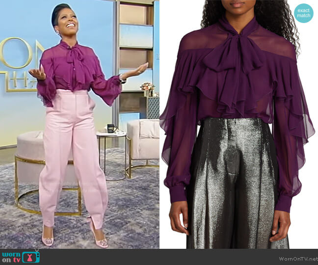 Alberta Ferretti Sheer Chiffon Pussy Bow Blouse worn by Tamron Hall on Tamron Hall Show