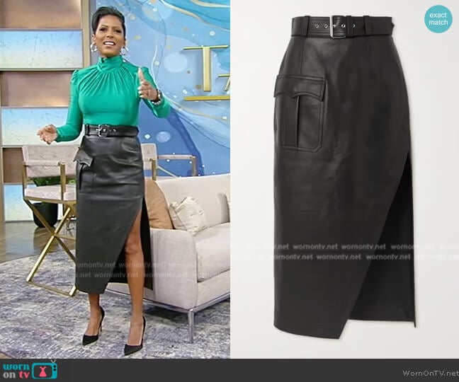 Alexander McQueen Belted leather midi skirt worn by Tamron Hall on Tamron Hall Show