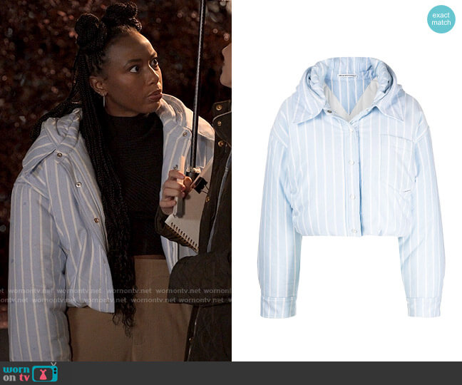 Alexander Wang Oxford stripe puffer jacket worn by Whitney Chase (Alyah Chanelle Scott) on The Sex Lives of College Girls