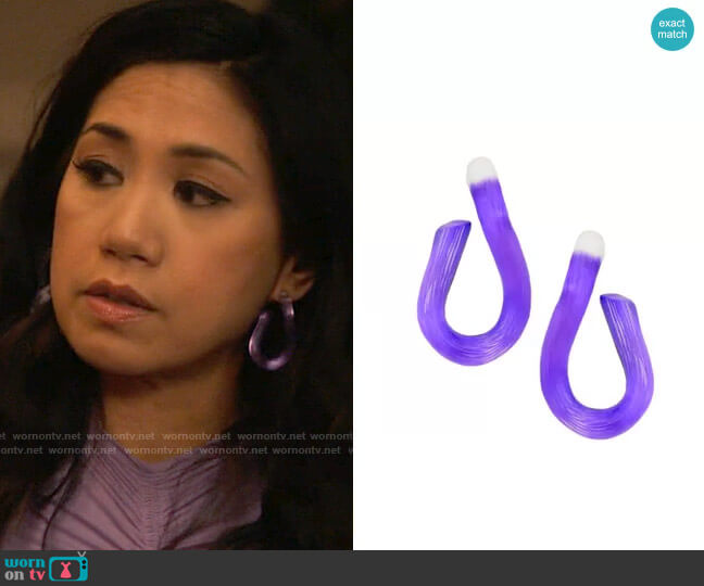 Alexis Bittar Lucite Twist Hoop Earrings in Electric Purple worn by Melody Bayani (Liza Lapira) on The Equalizer