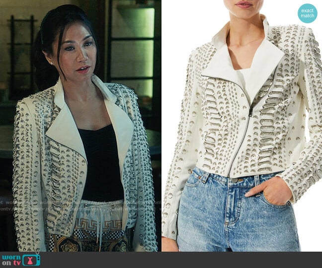 Alice + Olivia Jace Embellished Leather Moto Jacket worn by Melody Bayani (Liza Lapira) on The Equalizer