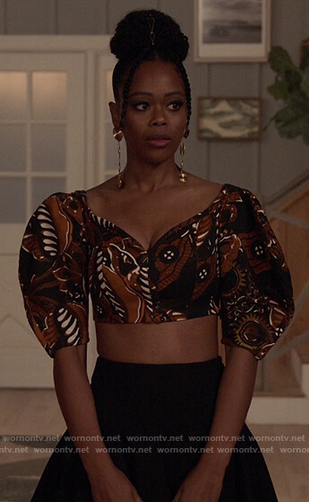 Alica's brown printed crop top on All American