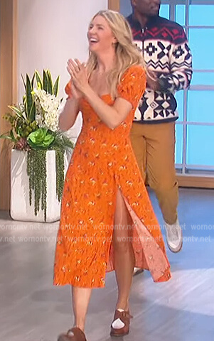 Amanda's orange floral sweetheart dress on The Talk