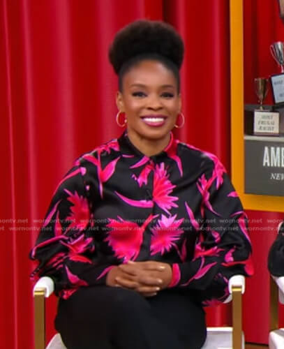 Amber Ruffin’s black and pink floral blouse on Good Morning America
