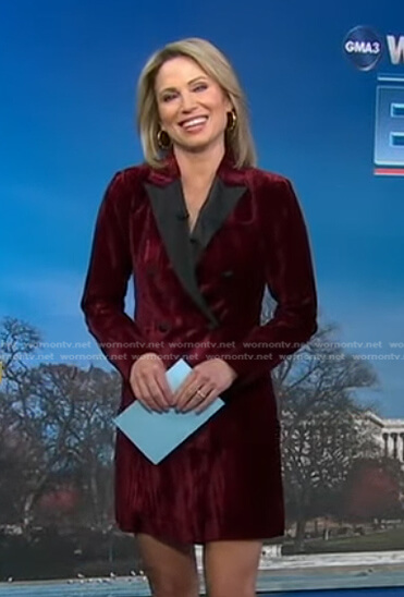 Amy's red velvet blazer dress and earrings on Good Morning America