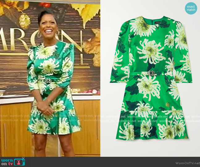 Andrew GN Embellished belted floral-print silk-satin mini dress worn by Tamron Hall on Tamron Hall Show