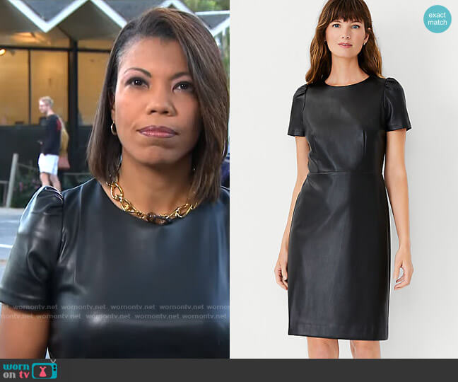 Ann Taylor Faux Leather Puff Sleeve Flare Dress worn by Nikole Killion on CBS Mornings