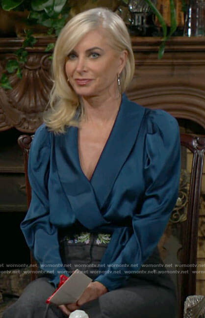 Ashley's teal satin wrap blouse on The Young and the Restless