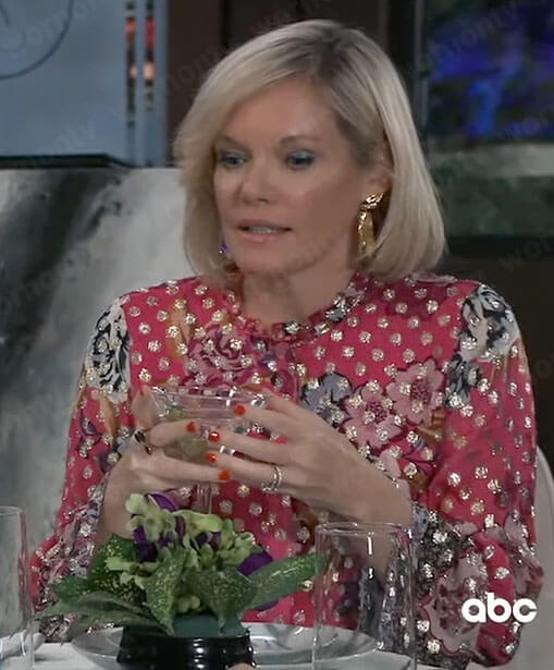 Ava’s pink floral blouse with metallic dots on General Hospital