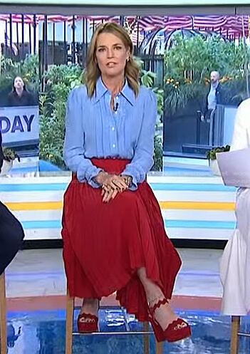 Savannah’s ruffled blouse and red skirt on Today