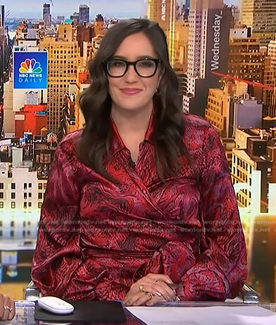 Savannah Sellers's red printed satin wrap dress on NBC News Daily