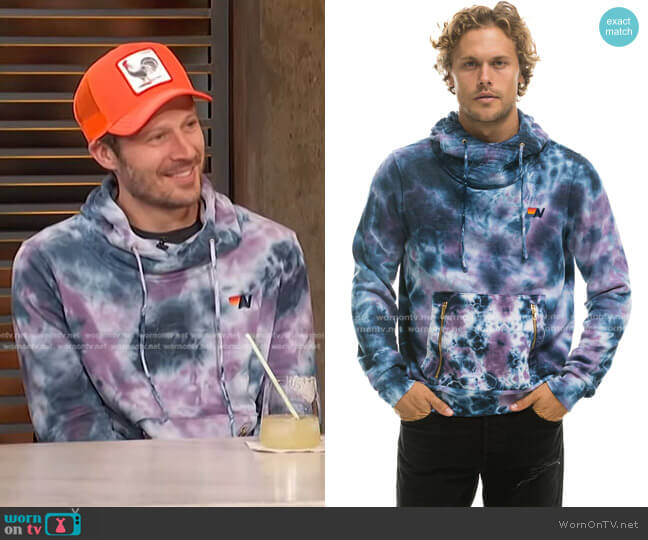 Aviator Nation Hand Dyed Ninja Pullover Hoodie in tie dye blue purple worn by Zach Gilford on Access Hollywood