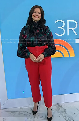 Bellamy Young’s black blouse and red pants on Today