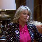Bonnie’s pink tie neck top and floral blazer on Days of our Lives