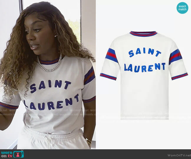 Saint Laurent Brand-print crewneck cotton-blend T-shirt worn by Wendy Osefo on The Real Housewives of Potomac