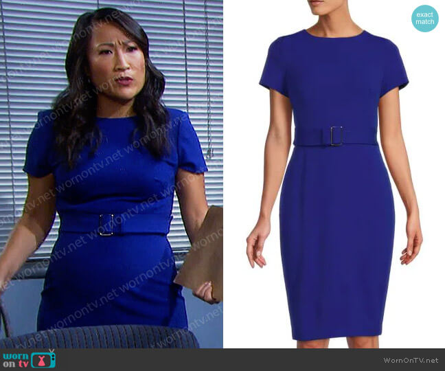 Calvin Klein Belted Sheath Dress worn by Melinda Trask (Tina Huang) on Days of our Lives