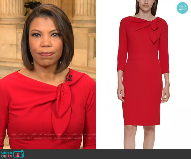 Calvin Klein Scuba-Crepe Bow-Neck Sheath Dress in Red worn by Nikole Killion on CBS Mornings