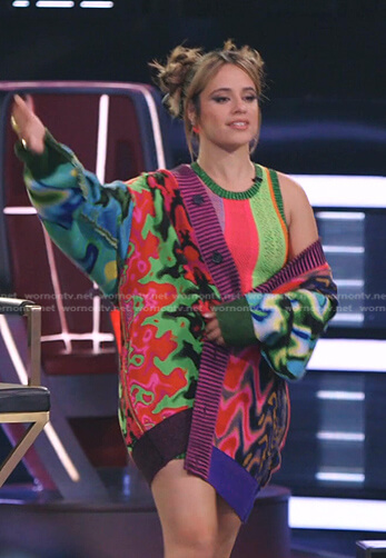 Camila’s multicolor knit dress and cardigan on The Voice