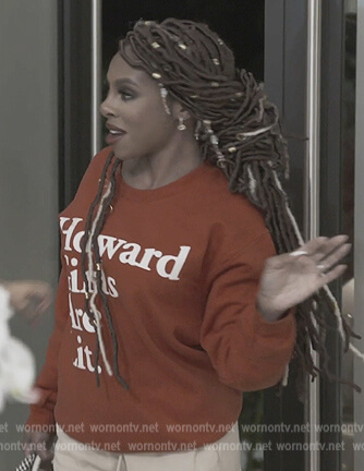 Candiace's red Howard Girls print sweatshirt on The Real Housewives of Potomac
