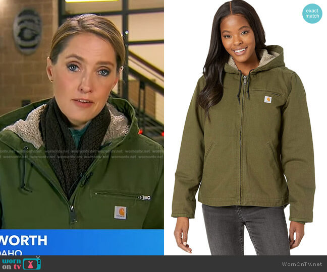 Carhartt OJ141 Sherpa Lined Hooded Jacket in Basil worn by Kayna Whitworth on Good Morning America