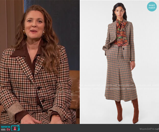 Carolina Herrera Checked Wool Jacquard Tailored Jacket worn by Drew Barrymore on The Drew Barrymore Show