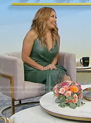 Carrie Inaba’s green leather fringe dress on Tamron Hall Show