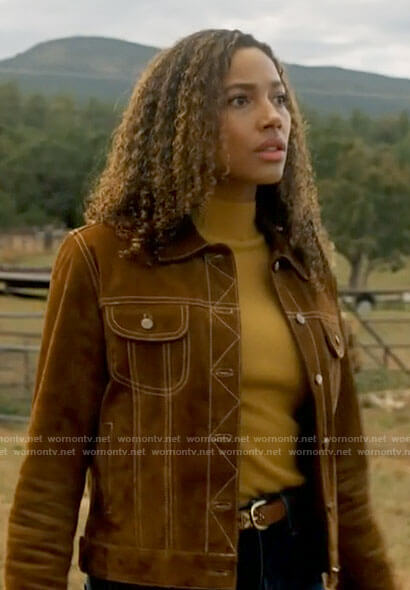 Cassie's brown suede trucker jacket on Big Sky