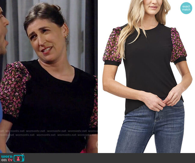 CeCe Puff Sleeve Ditsy Knit Top worn by Kat Silver (Mayim Bialik) on Call Me Kat