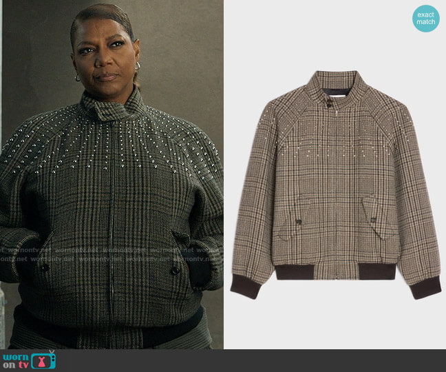 Celine Homme Crystal-Embellished Prince of Wales Checked Wool Bomber Jacket worn by Robyn McCall (Queen Latifah) on The Equalizer