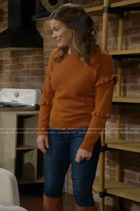 Chelsea's orange ruffle sleeve sweater on The Young and the Restless