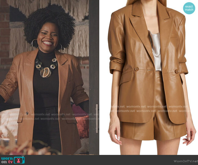 Cinq a Sept Heidi Leather Short-Sleeve Blazer worn by Amara Patterson (Kelly Jenrette) on All American Homecoming