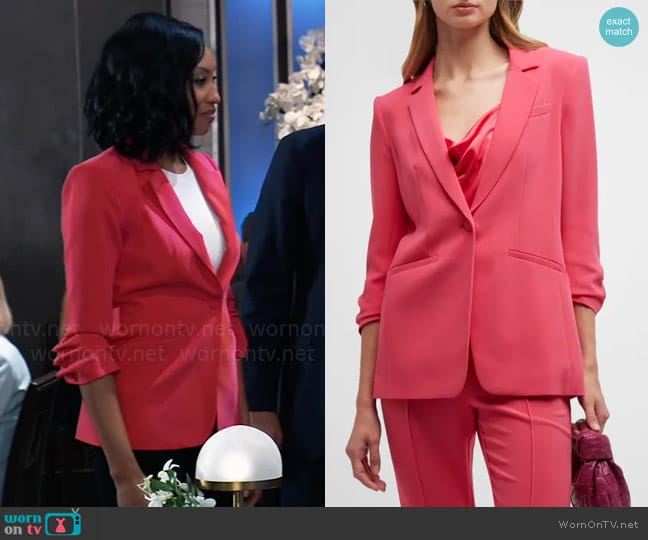 Cinq a Sept Khloe Blazer in Ruby Red worn by Jordan Ashford (Tanisha Mariko Harper) on General Hospital