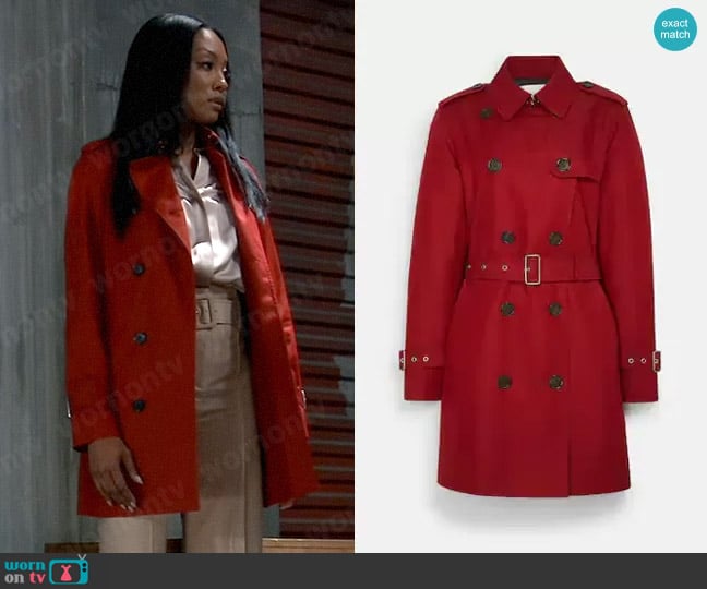 Coach Solid Mid Trench in Ruby worn by Jordan Ashford (Tanisha Mariko Harper) on General Hospital