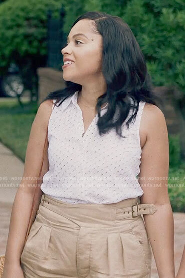 Darla's white dotted top and buckled shorts on Queen Sugar