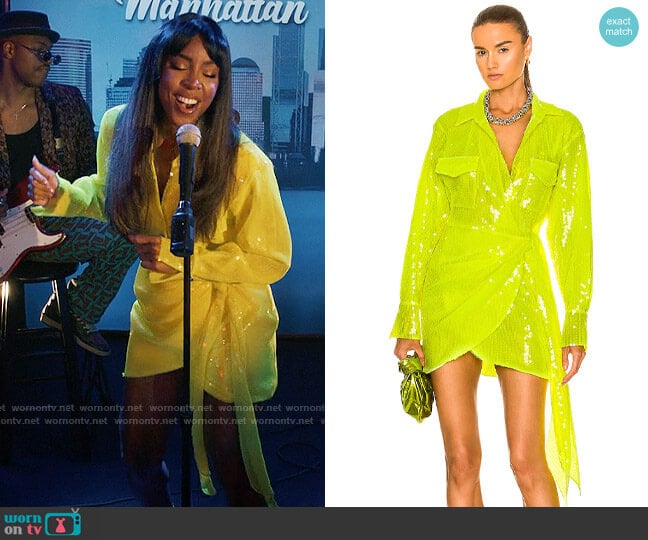 David Koma Neon sequined tulle wrap mini dress worn by Misty (Kelly Rowland) on The Equalizer